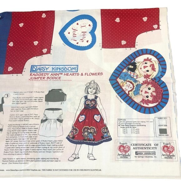 Daisy Kingdom Raggedy Ann Hearts and Flowers Jumper Cut and Sew Fabric Sizes 4-8 - Picture 3 of 7